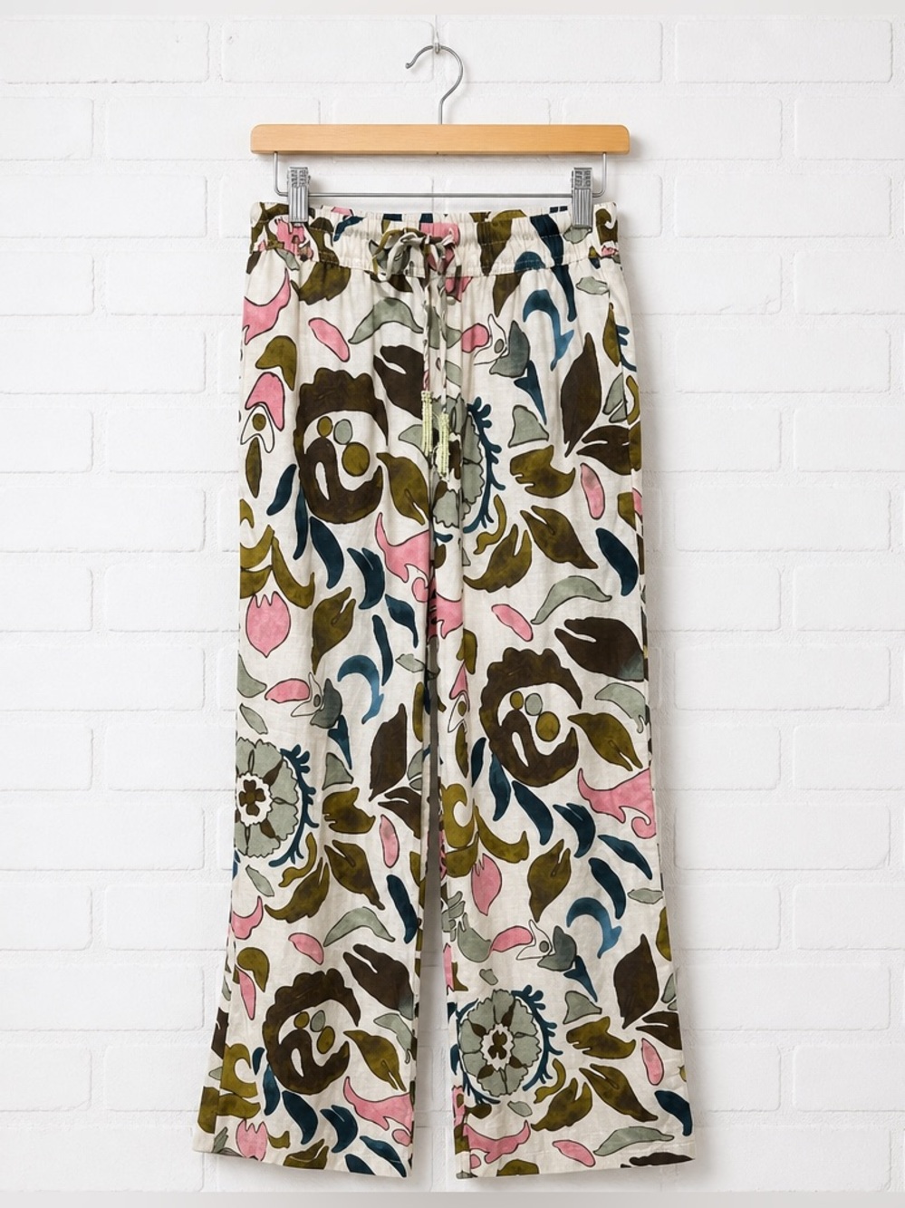 Joie Wide Leg Floral Print Pants in Pink, Olive & Blue Linen Blend Cottagecore